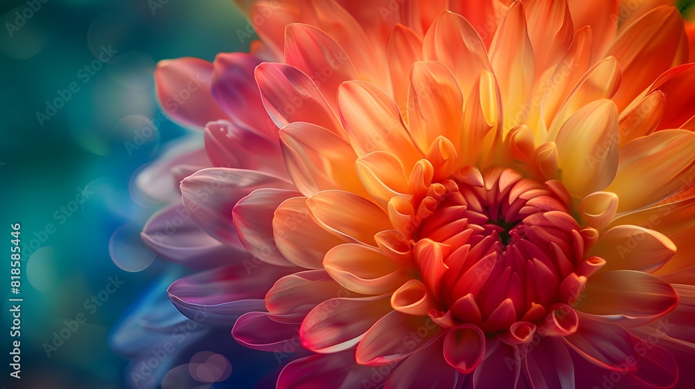 Obraz premium A rainbowcolored chrysanthemum with petals of various colors swirling around it, creating an explosion effect that is both colorful and vibrant. 