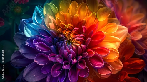 A rainbowcolored chrysanthemum with petals of various colors swirling around it, creating an explosion effect that is both colorful and vibrant. 