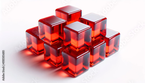 3D cubes of red jelly arranged on a white background. The cubes shiny and translucent  with light reflecting off their surfaces to highlight
