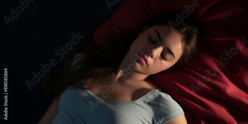 Top view of young woman sleeping in her bed at night. Girl sleeping with closed eyes © alisaaa