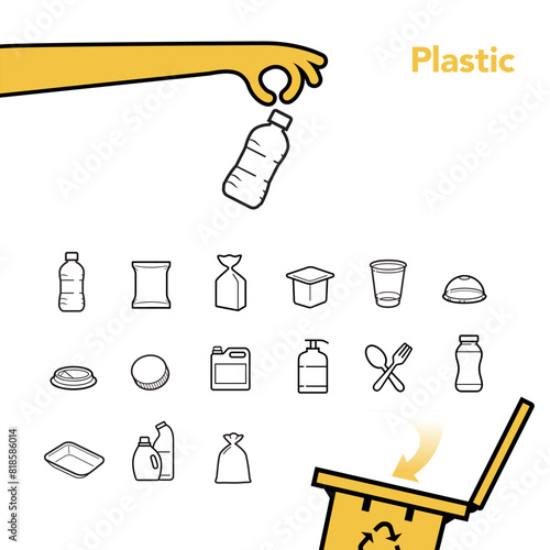 Ready sets of icons for separating plastic waste. Vector elements are made with high contrast, one coloured, well suited to different scales. Ready for use in your design. EPS10.