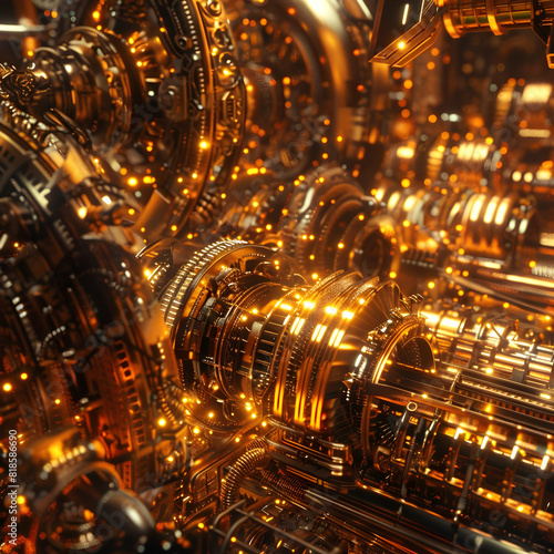 Intricate Futuristic Mechanical Structure Made of Polished Gold With Interconnected Gears and Circuits