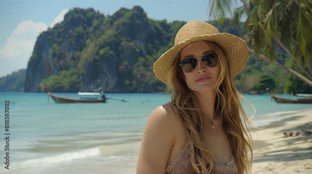 A woman in her thirties, wearing an elegant straw hat and sunglasses, walks along the beach of Thailand with mountains in the background.
