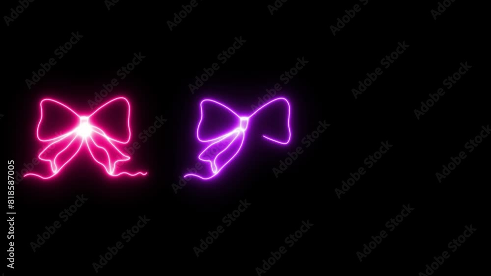 Self drawing animation one continuous line draw, logo, neon  luminous sign of three multicolored bows,ribbons