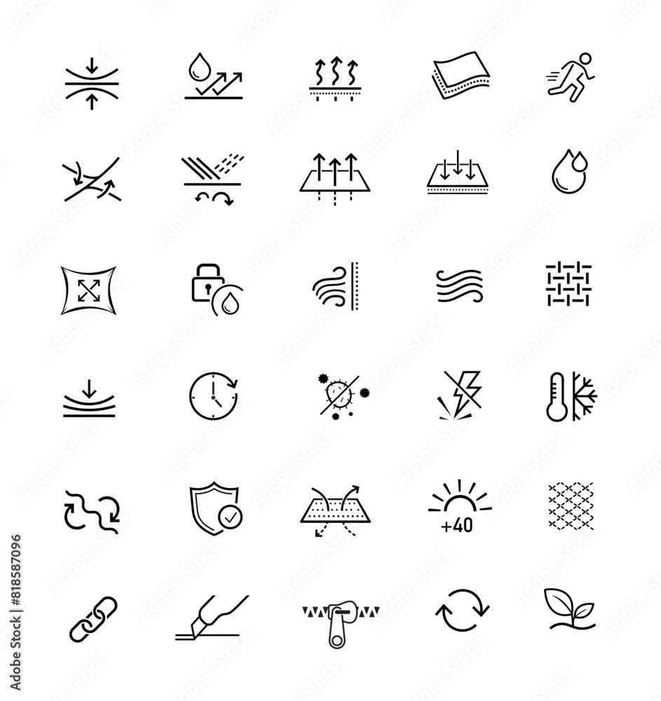 Set icons for functional fabric, clothing. The outline icons are well scalable and editable. Contrasting vector elements are good for different backgrounds. EPS10.