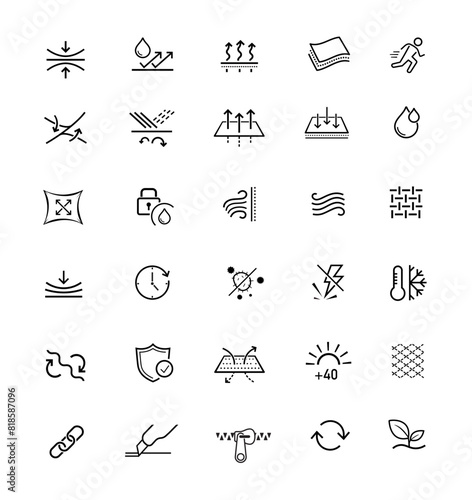 Set icons for functional fabric, clothing. The outline icons are well scalable and editable. Contrasting vector elements are good for different backgrounds. EPS10.
