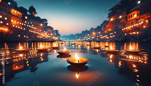 Realistic illustration for ganga dussehra with earthen lamps floating on the water during twilight. photo