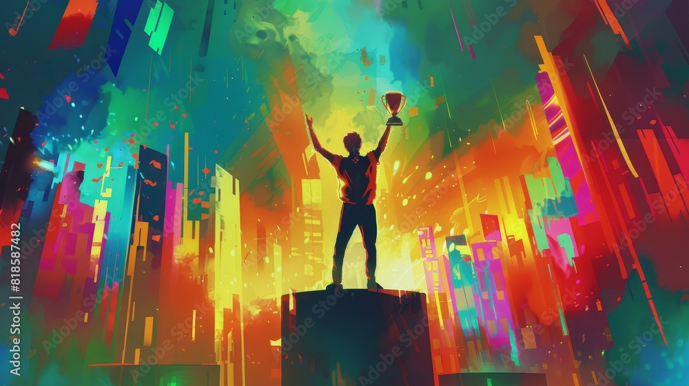 Fototapeta premium Digital painting of a triumphant athlete holding a gold trophy on a podium, with a surreal neondrenched celebration background, rendered in a dramatic highdefinition style