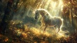Digital painting of a mythical female centaur in a vibrant enchanted forest, showcasing ethereal light rays and detailed equine features, perfect for a high fantasy illustration
