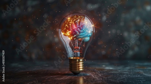 A light bulb with a colorful, abstract brain inside, symbolizing the birth of a creative idea. photo