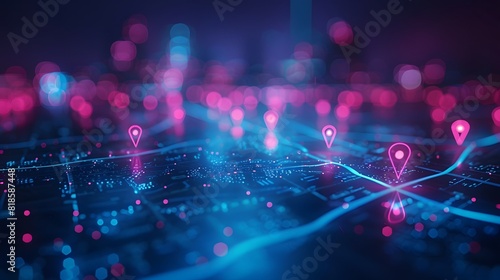 Abstract digital map with glowing location pins on a dark background  using blue and pink colors  with blurred city lights in the foreground.  Concept of a global network. 