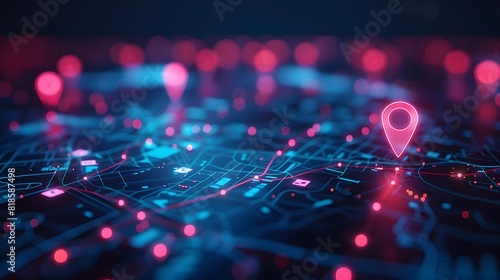 Abstract digital map with glowing location pins on a dark background, using blue and pink colors, with blurred city lights in the foreground.  Concept of a global network.
 photo