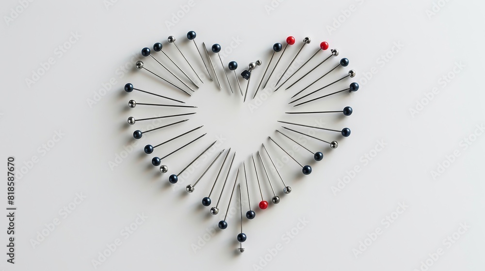 A series of pins forming a heart shape on a white background, suggesting love and affection.