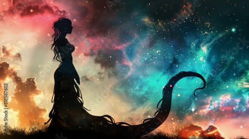 Enchanting silhouette of a legendary lamia, her serpent tail and human torso outlined against an ethereal celestial backdrop, ideal for mythical lore presentations