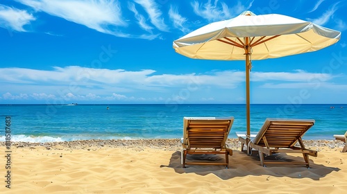 Chaise lounge and parasols on the beach against the blue sky and sea