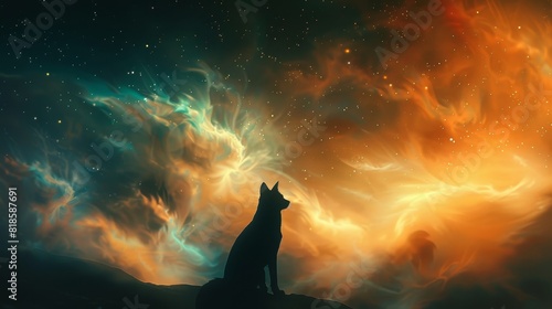 Ethereal silhouette of a kitsune, embodying wisdom and cunning, set against a celestial backdrop, ideal for a fantasy world illustration with a spiritual aura © Saranpong