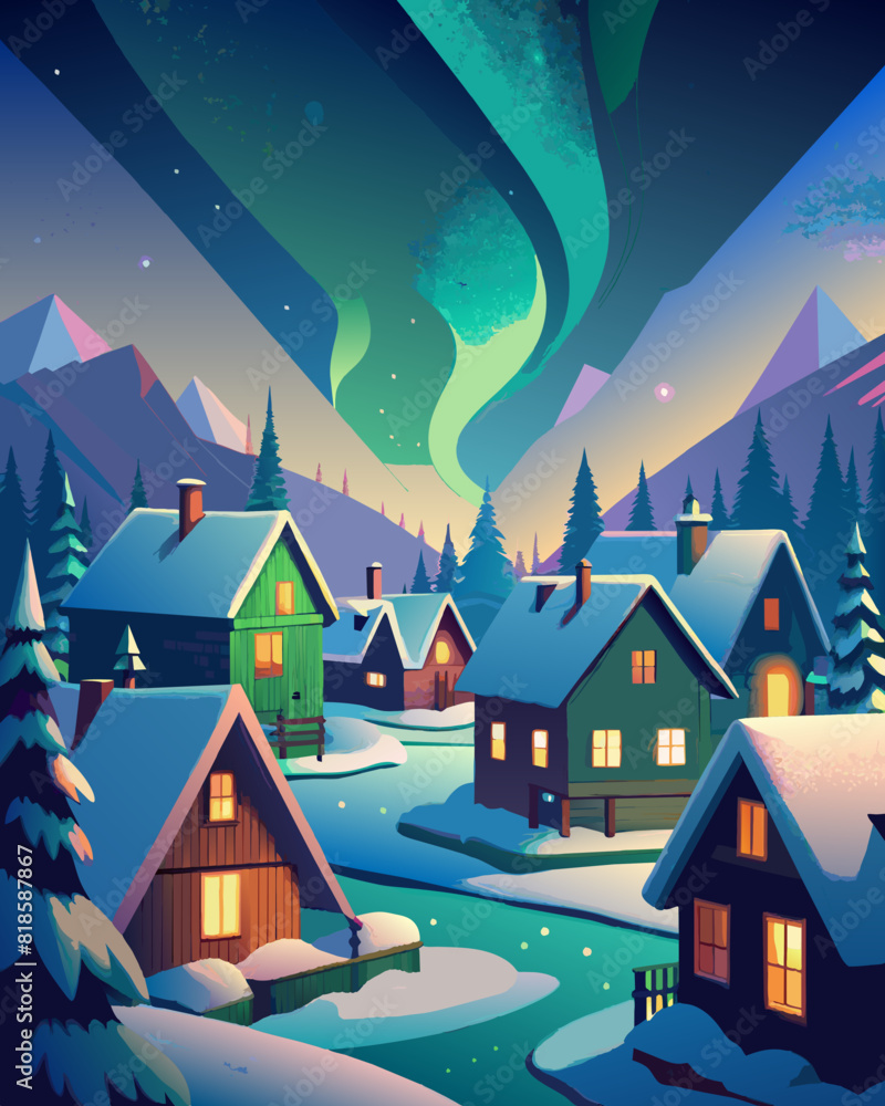 Enchanting Northern Lights Over Snowy Winter Village