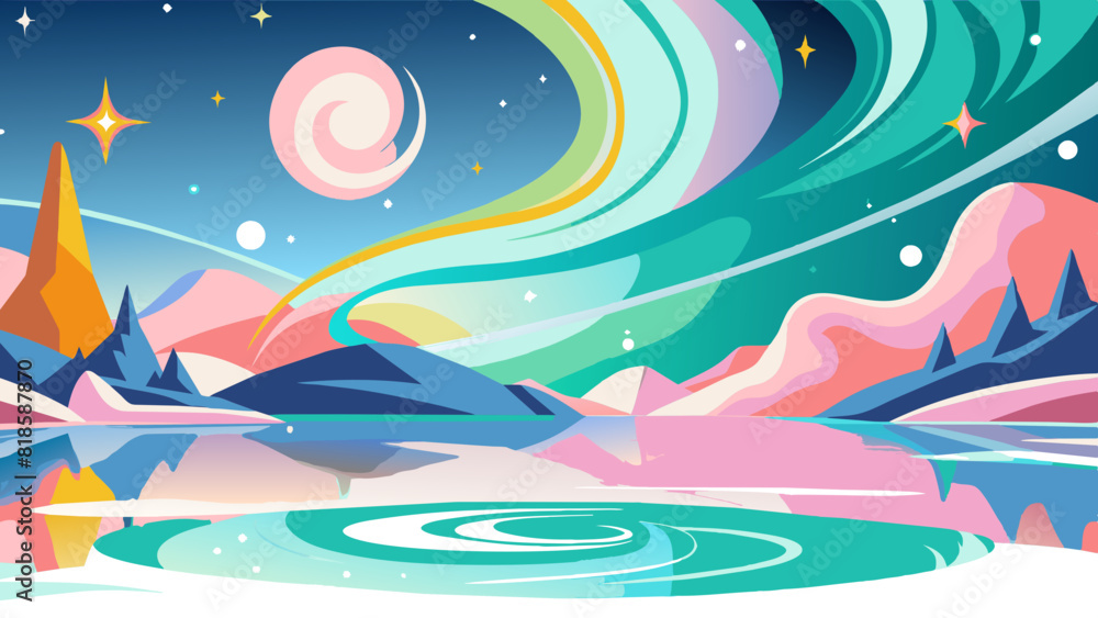 Naklejka premium Whimsical Colorful Landscape with Northern Lights and Starry Sky