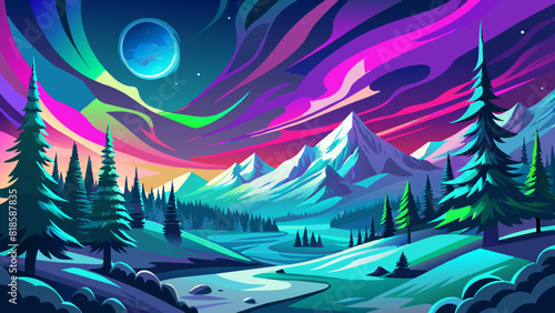 Vibrant Northern Lights over a Surreal Fantasy Landscape