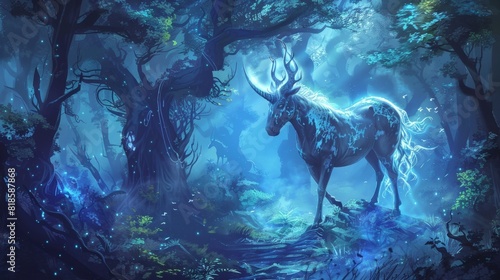 Fantasy illustration of a mystical centaur creature, halfhorse, halfhuman, roaming through an ancient, mythical forest, designed for a fantasy gaming backdrop