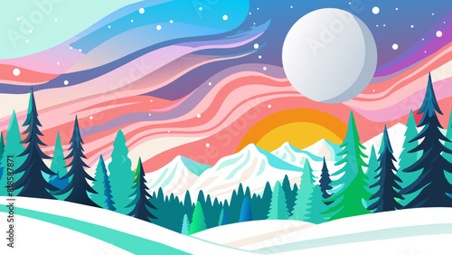 Vibrant Winter Landscape with Whimsical Northern Lights