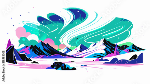 Vibrant Fantasy Landscape with Northern Lights and Mountains