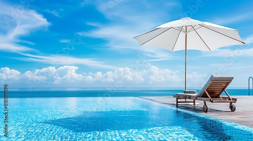 Comfortable chair with big umbrella beside rooftop swimming pool