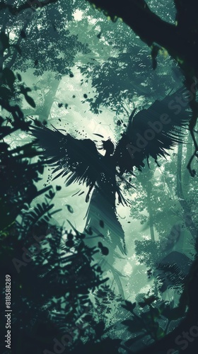 Magical silhouette of a winged humanoid  blending into a fantastical  wild forest scene  illustrating a nature spirit in a creature design project