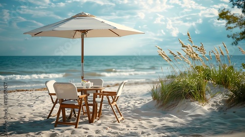 Dining table and chairs on the beach on a summer day
