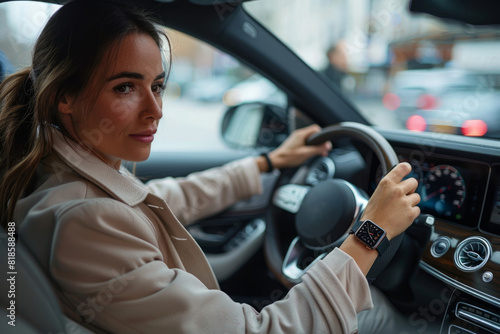 A woman is driving a car and wearing a watch