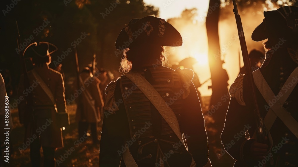 A historical reenactment of the American Revolution with soldiers in period uniforms, dramatic lighting emphasizing their determination and bravery