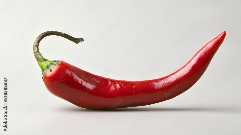 Close-up vibrant red chili pepper with green stem, isolated on white background, perfect for food photography and advertising, studio lighting Close-up vibrant red chili pepper with green stem, isolated on white background, perfect for food photography and advertising, studio lighting