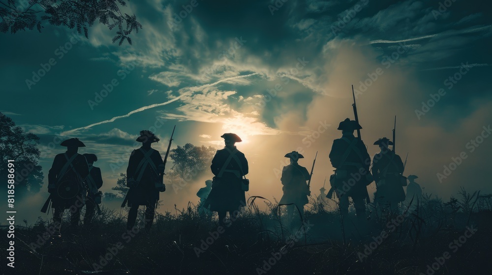 A historical reenactment of the American Revolution with soldiers in period uniforms, dramatic lighting emphasizing their determination and bravery A historical reenactment of the American Revolution with soldiers in period uniforms, dramatic lighting emphasizing their determination and bravery