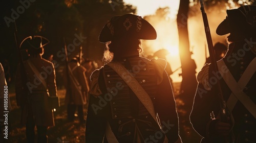 A historical reenactment of the American Revolution with soldiers in period uniforms, dramatic lighting emphasizing their determination and bravery