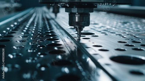 Close-up view of automated punches in action, forming precise patterns on metal sheets, demonstrating high-tech industrial capabilities