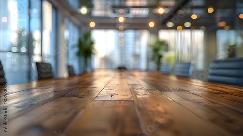 Blurred conference room with a long wooden table and chairs in a blurred background. 