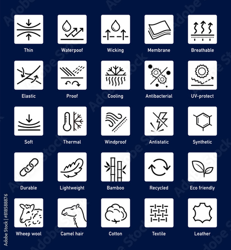 Set icons for functional fabric, clothing. The outline icons are well scalable and editable. Contrasting vector elements are good for different backgrounds. EPS10.