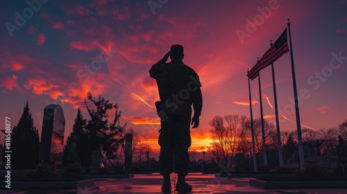A silhouette of a soldier saluting at a memorial, with the American flag flying in the background and dramatic lighting creating a solemn atmosphere photo