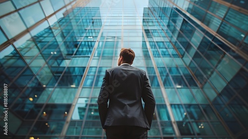 Businessman standing in front of a glass building, in the style of business concept with a young businessman wearing a suit looking up at a skyscraper office building. 