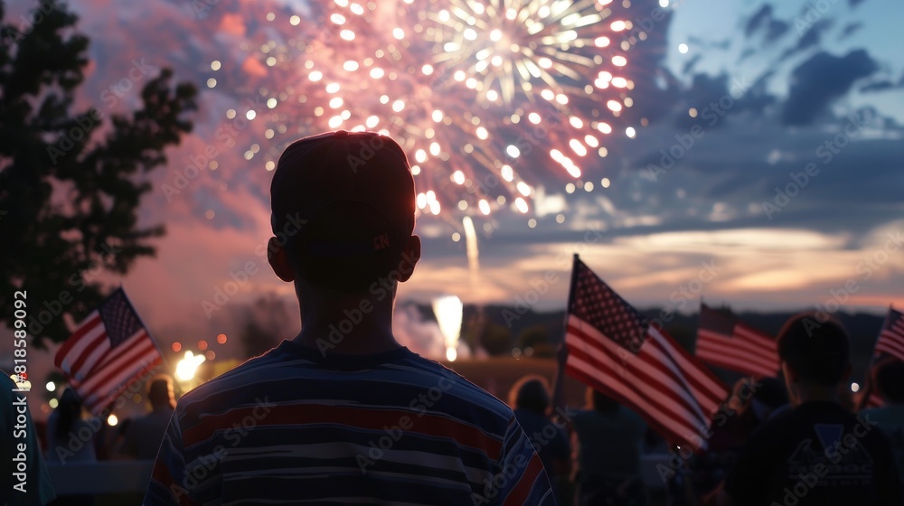 Obraz premium A community gathering for a fireworks display, with American flags prominently displayed and professional lighting capturing the excitement and unity