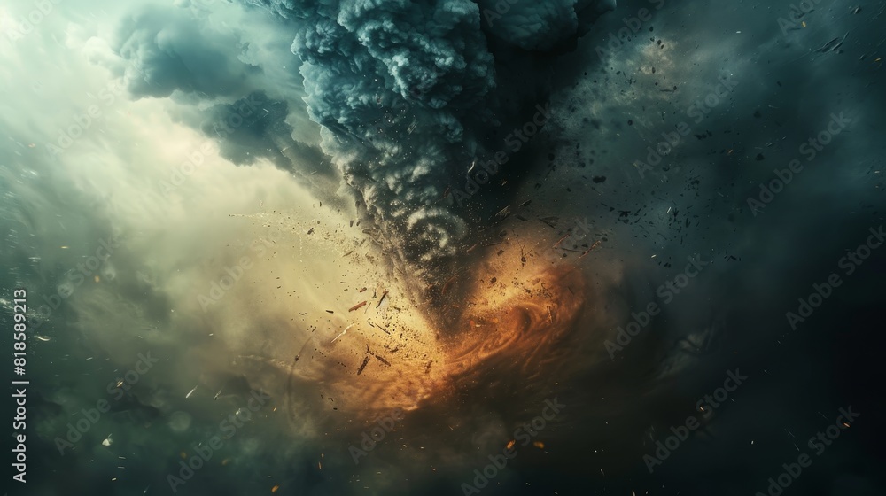 Close-up of a powerful tornado, starry night sky contrasting with dark clouds, trees bending under the storm's force Close-up of a powerful tornado, starry night sky contrasting with dark clouds, trees bending under the storm's force