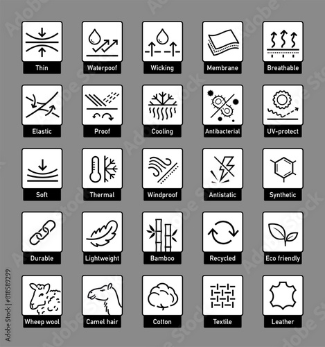 Set icons for functional fabric, clothing. The outline icons are well scalable and editable. Contrasting vector elements are good for different backgrounds. EPS10.