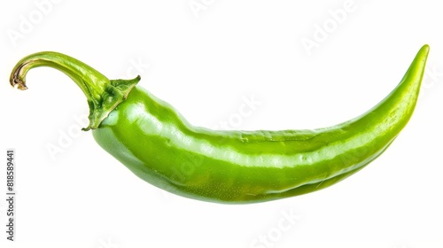 Close-up of a vibrant green chili pepper with a fresh green stem, isolated on a white background, studio lighting, perfect for food advertising