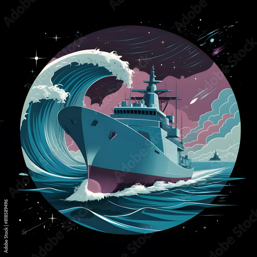 illustration of a ship in the water with a rocket in the background