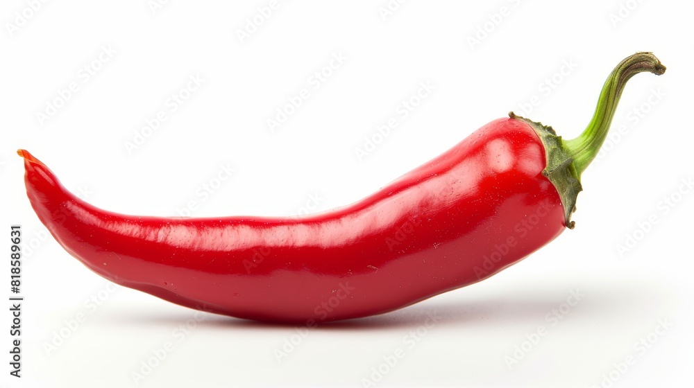 Close-up vibrant red chili pepper with green stem, isolated on white background, perfect for food photography and advertising, studio lighting Close-up vibrant red chili pepper with green stem, isolated on white background, perfect for food photography and advertising, studio lighting