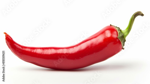 Close-up vibrant red chili pepper with green stem, isolated on white background, perfect for food photography and advertising, studio lighting