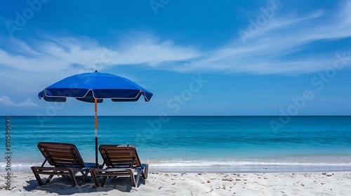 Pair of sunbeds under the beach umbrella in Summer