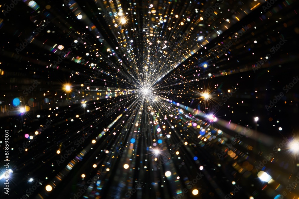 Abstract blurred colorful lens flare bokeh on black