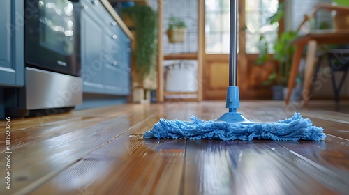 Close up of a blue dust mop on a wooden floor in a modern kitchen, cleaning and home DVD screengrab. 