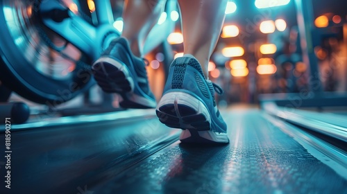 Close up of feet in running shoes on spinning bike at gym, cinematic lighting.  © horizor
